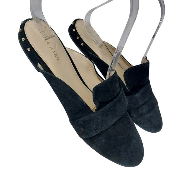 COLE HAAN! BLACK GENUINE SUEDE LEATHER FRONT STRAP MULES, LOW HEELS! SZ 6.5B - Picture 2 of 10